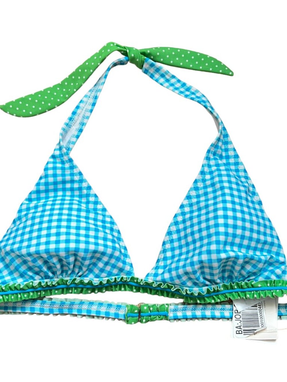 Hula Honey swimsuit top halter triangle blue white gingham plaid Large bikini
